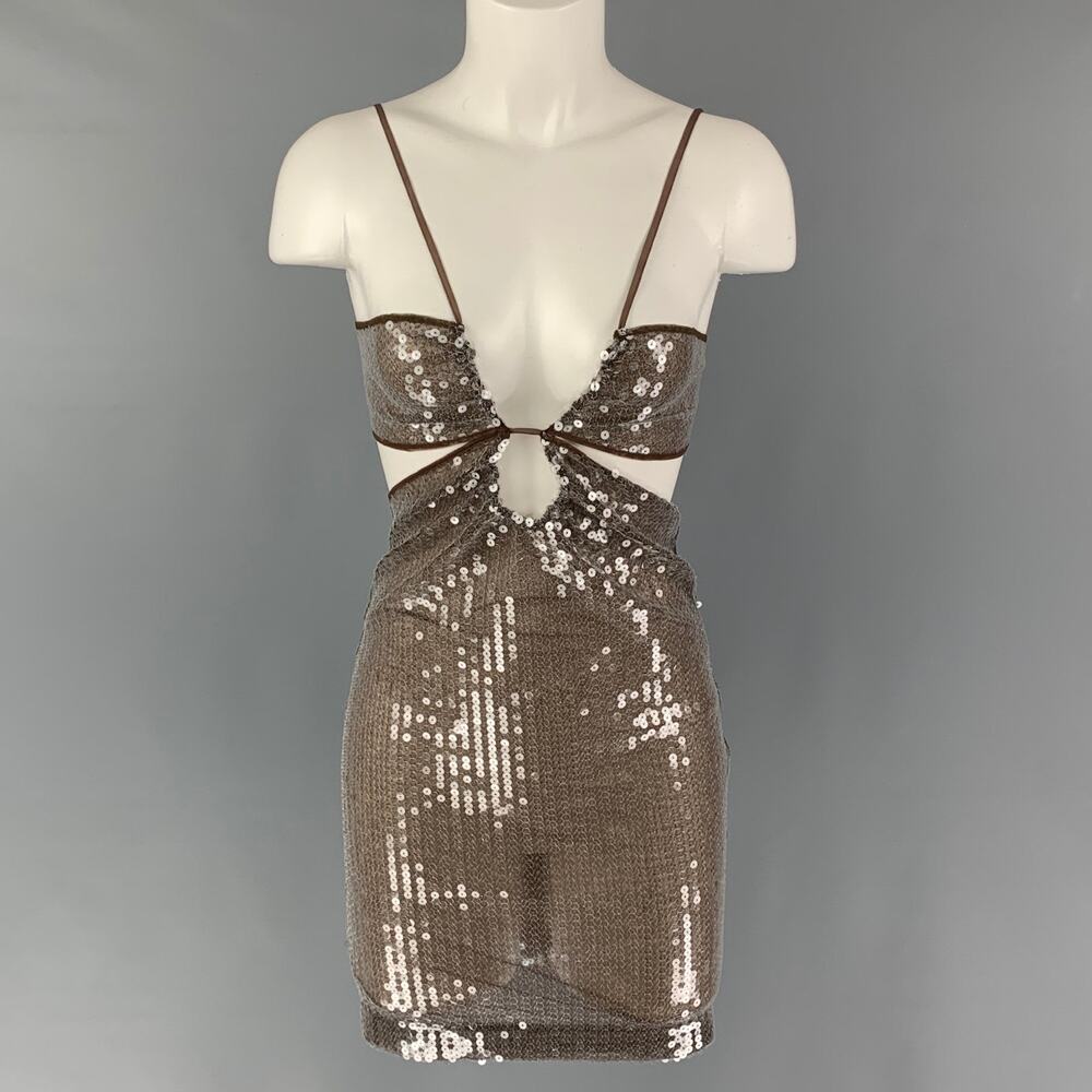 NENSI DOJAKA Size XS Brown Silver Polyester Blend Cut Out Sequined Mini Dress